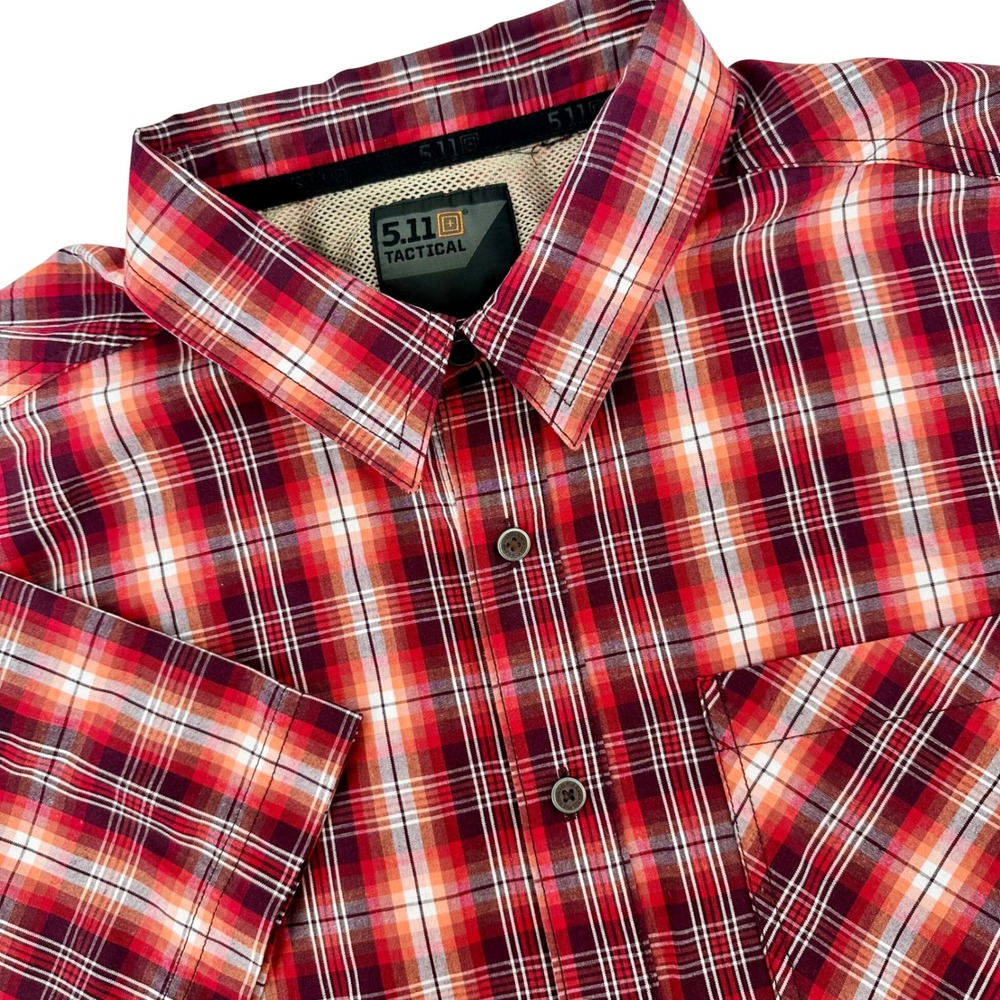 5.11 Tactical Mens XL Short Sleeve Plaid Button Down Shirt Red Orange Mesh Lined